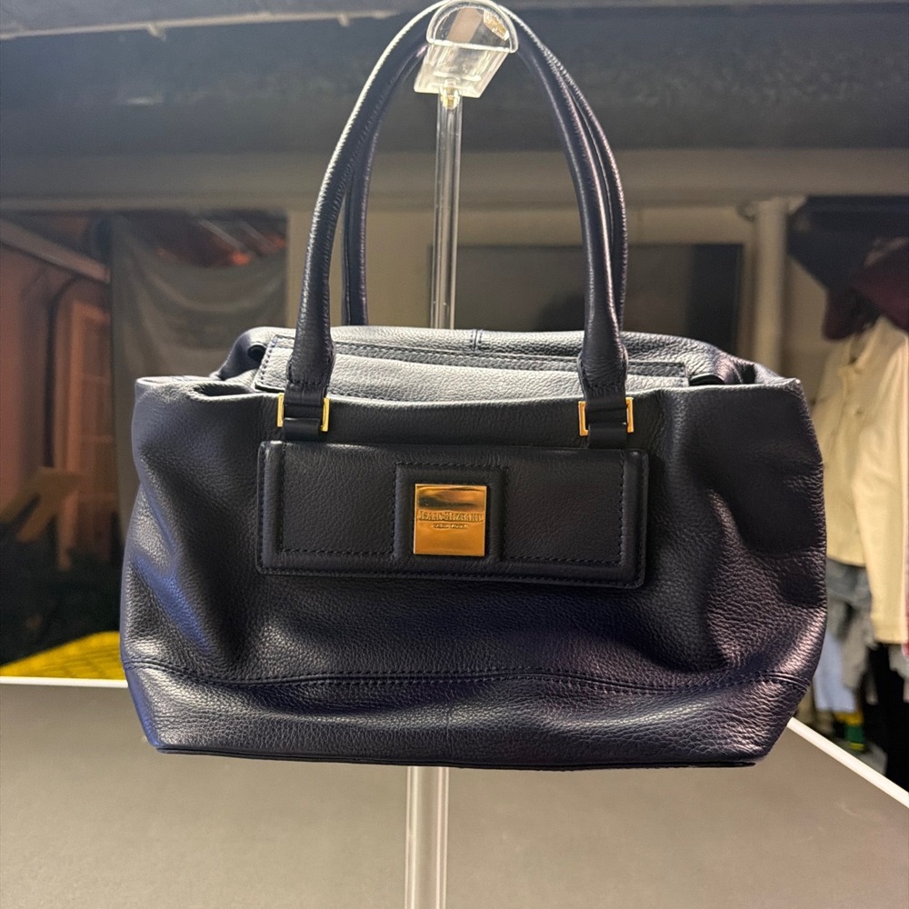 Isaac Mizrahi New York Navy Pebbled Leather Satchel Handbag Gold Hardware